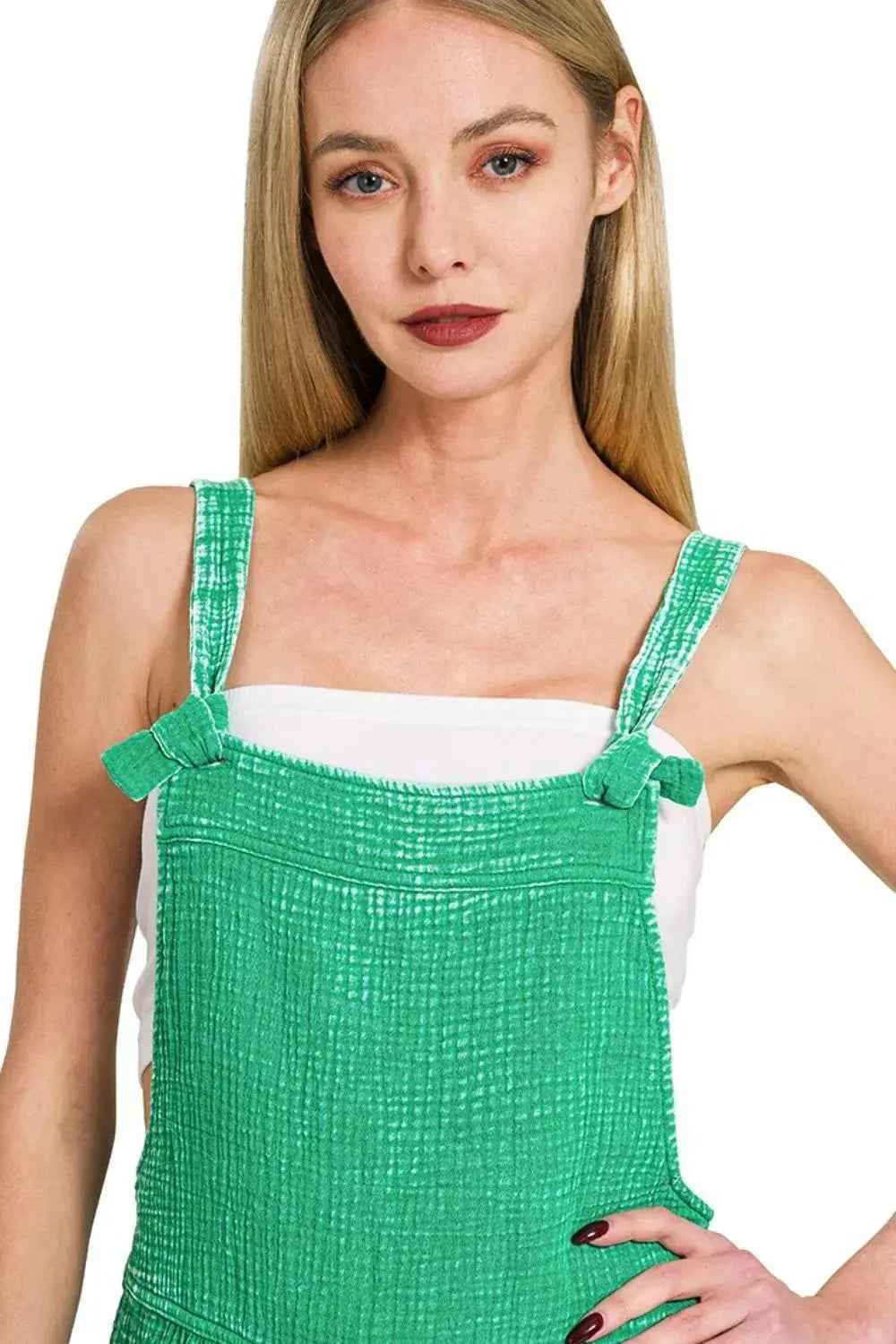 Zenana Woven Green Acid Washed Cotton Gauze Romper with Pockets by Be Bliss Boutique