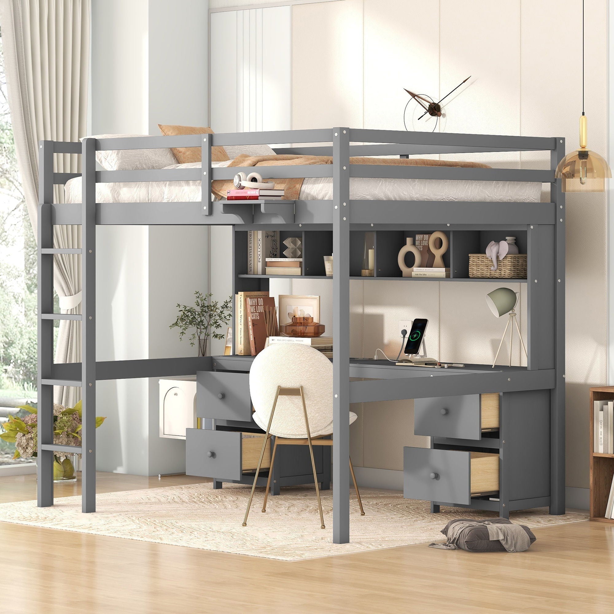 Loft Bed With Desk, Cabinets, Drawers, Charging Station And Bedside Tray by Unique Piece Furniture