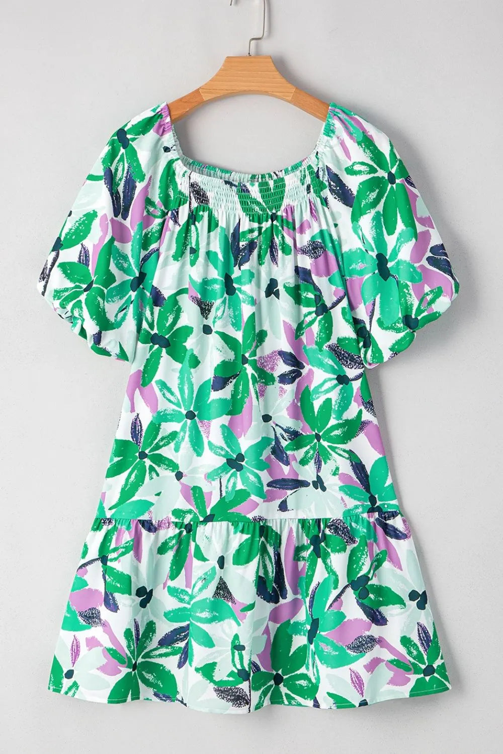 Floral Print Shirred Square Neck Loose Fit Mini Dress by Simply Love