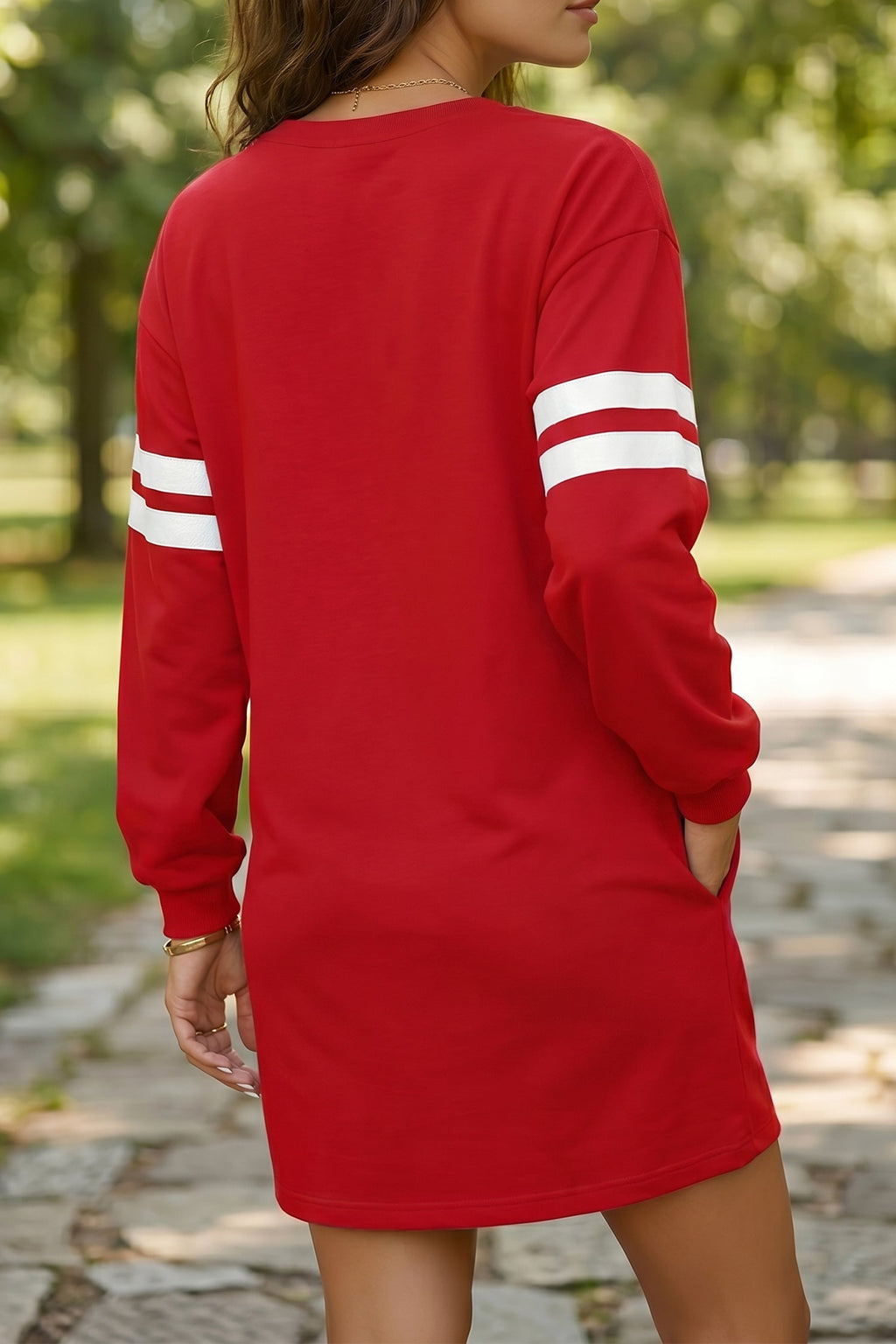 Fiery Red Varsity Contrast Banded Sleeve Shift Sweatshirt Dress by Wild and Free Boutique