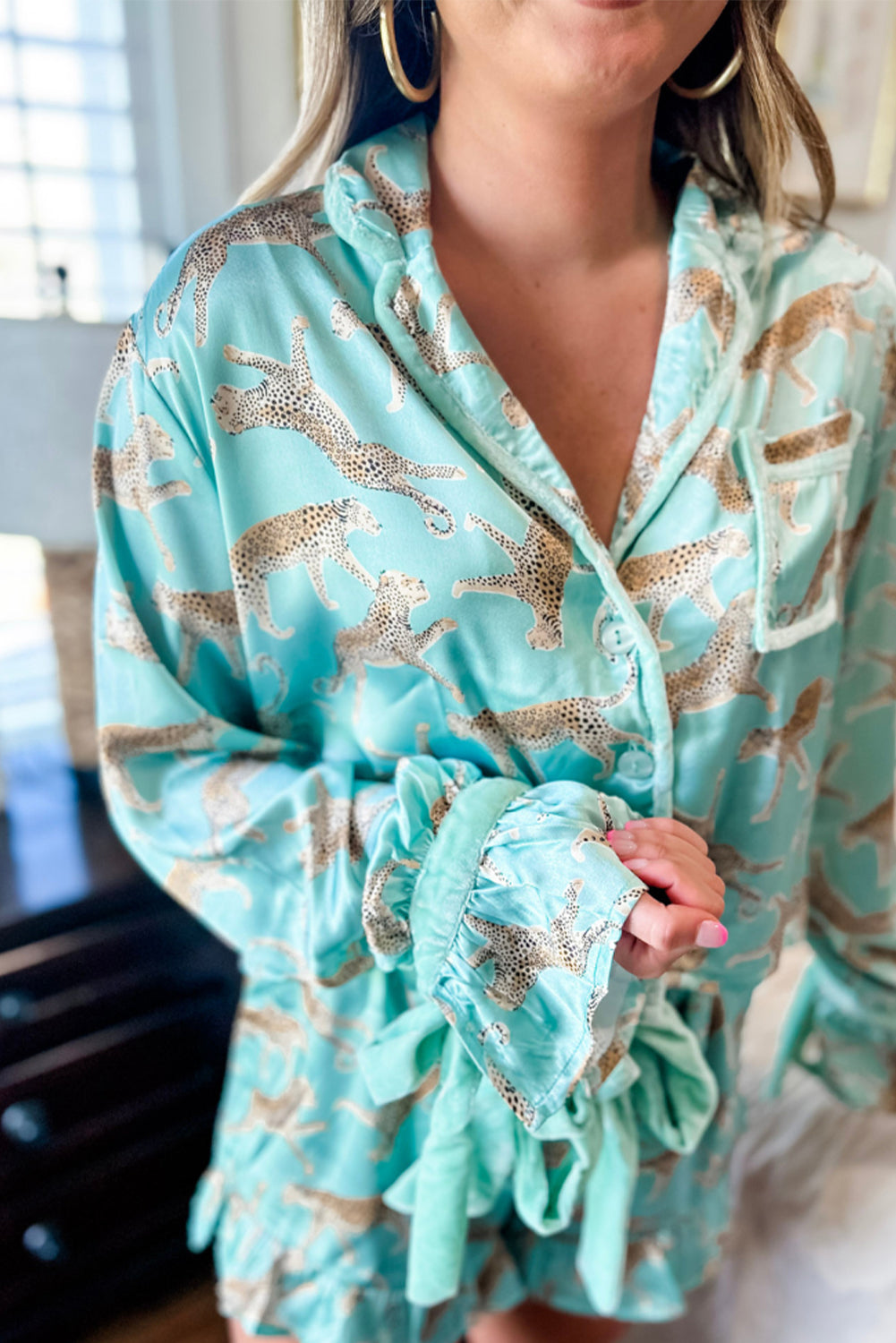 Green Leopard Satin Ruffle Pajama Short Set by Dear-Lover Dropshipping