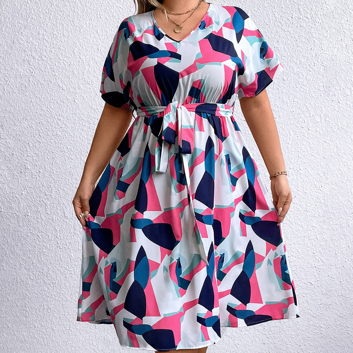 Summer Trendy Geometric Pattern Multi-color Mosaic Women's Plus Size V-neck Dress See size chart under “more details” by The Fashion Celestial
