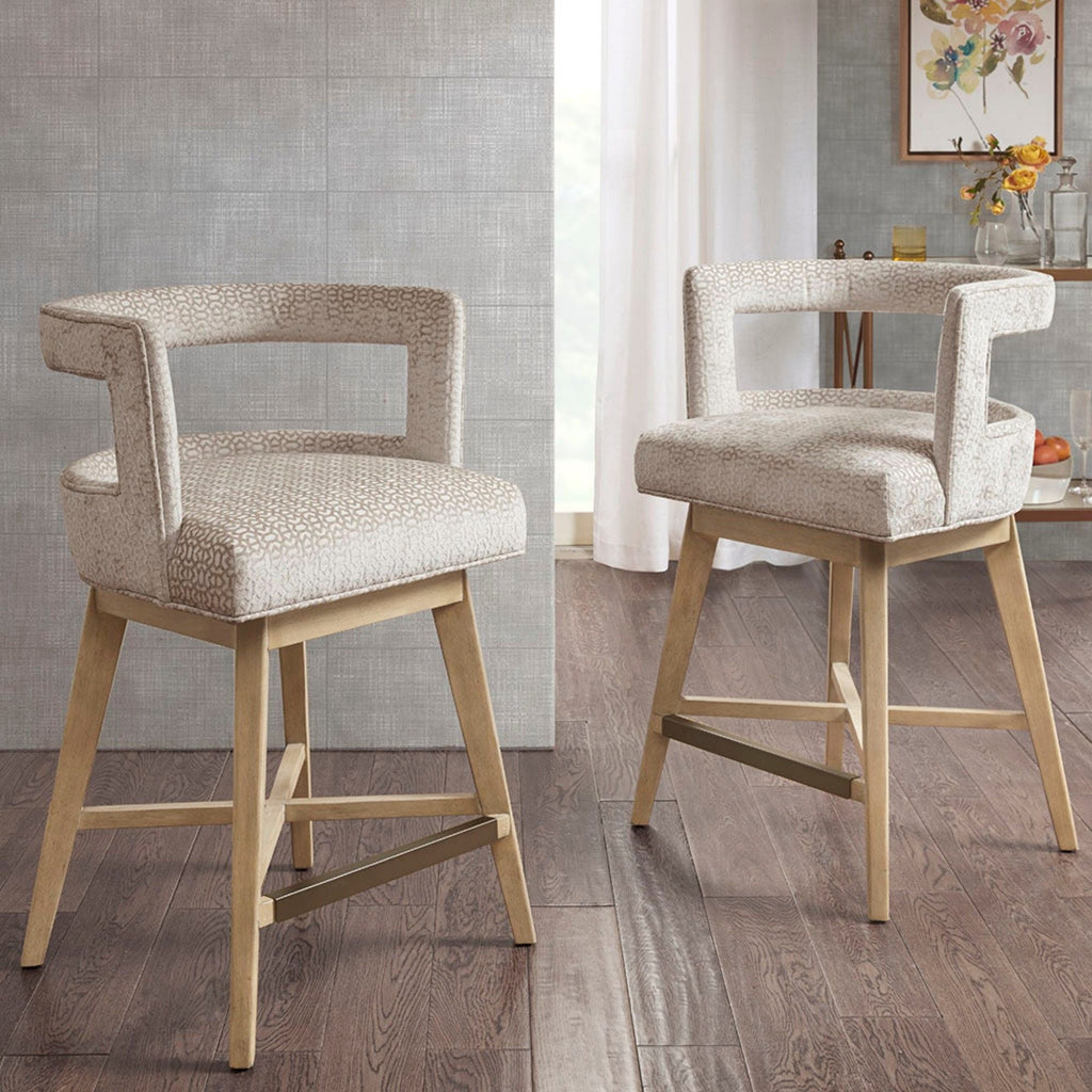 Design Swivel Counter Stool With Low Back Support Polyester And Solid Wood - Cream by Unique Piece Furniture
