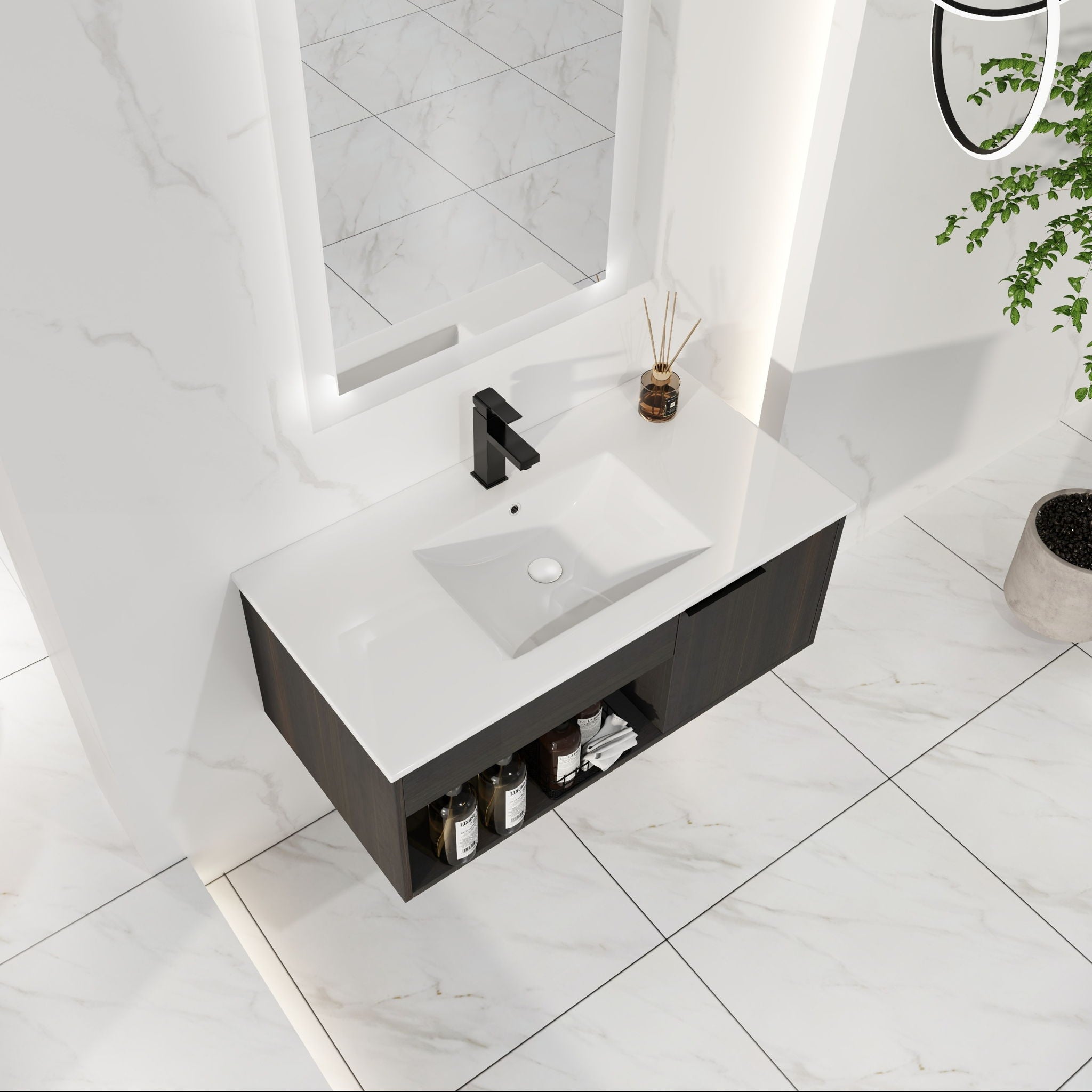Wall Mounted Floating Bathroom Vanity With Open Shelf & Soft Close Door by Unique Piece Furniture