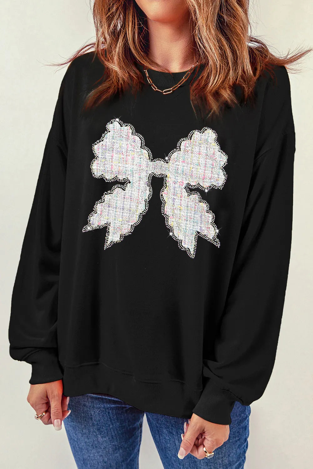 Contrast Bow Round Neck Long Sleeve Sweatshirt by Wild and Free Boutique