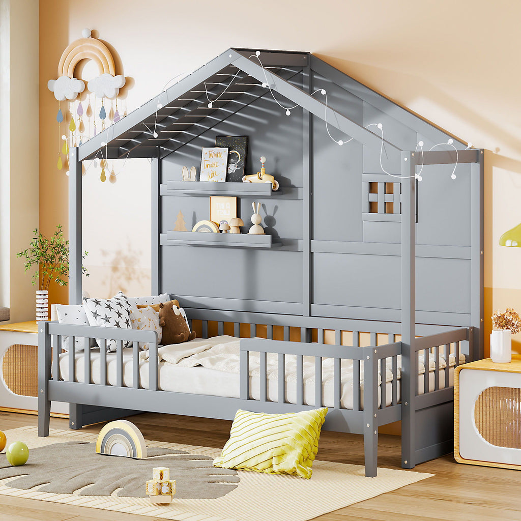 House Bed With Shelves, Window And Sparkling Light Strip On The Roof by Unique Piece Furniture