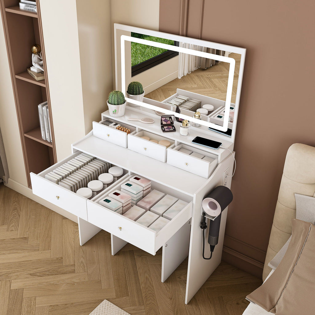 Modern Makeup Vanity Set With Power Outlet, Hair Dryer Holder, And Adjustable Lighting by Unique Piece Furniture