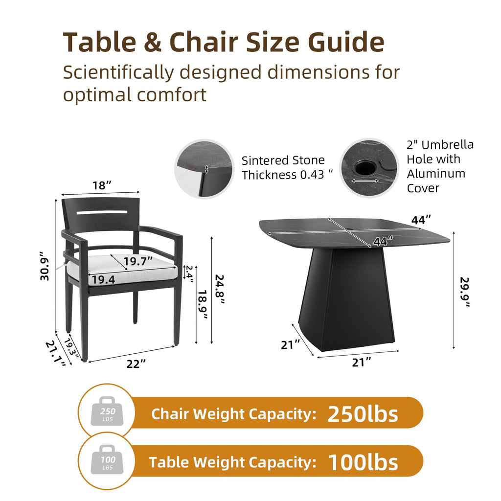 Outdoor Patio Dining Set, Squircle Dining Table, Dining Chairs With Sunbrella Cushions by Unique Piece Furniture