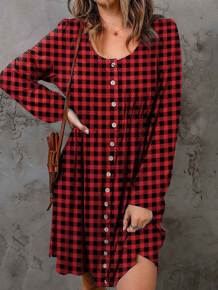 Double Take Full Size Plaid Round Neck Long Sleeve Magic Dress by Wild and Free Boutique