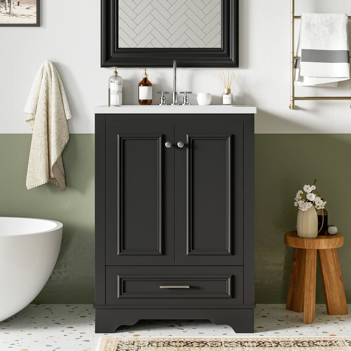 Bathroom Vanity With Ceramic Sink Combo, Modern Freestanding Storage Cabinet With Silver Handles by Unique Piece Furniture
