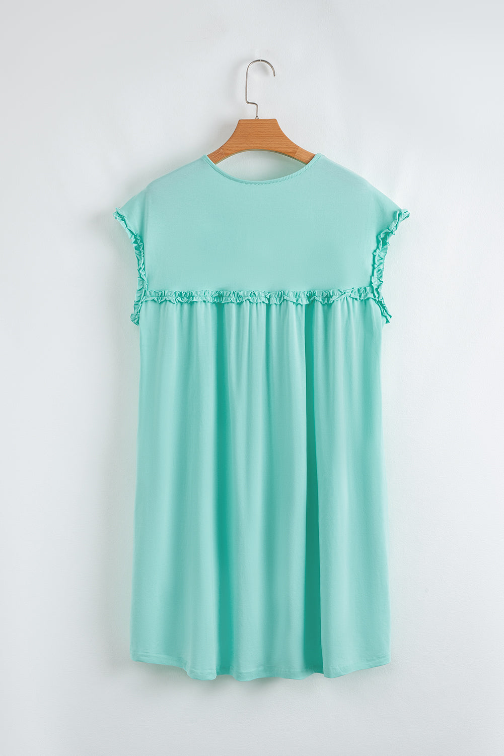 Mint Green Frilled Trim Crewneck Loose Fit Mini Dress by Wild and Free Boutique
