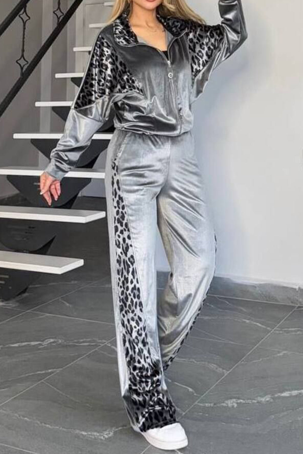 Full Size Collared Neck Leopard Zip Up Top and Pants Set Plus Size by Wild and Free Boutique