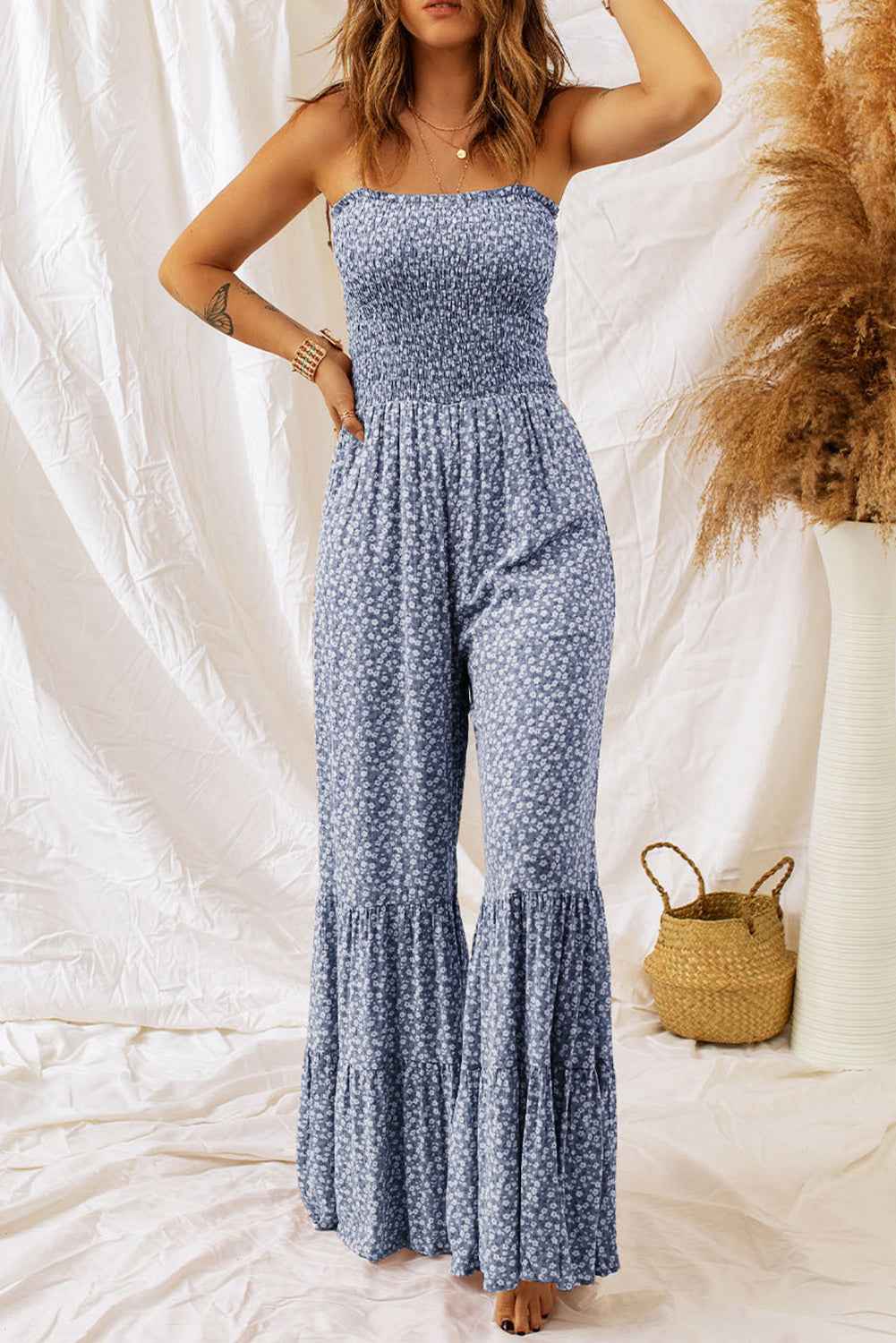 Indie Smocked Bodice Wide Leg Floral Jumpsuit by Wild and Free Boutique