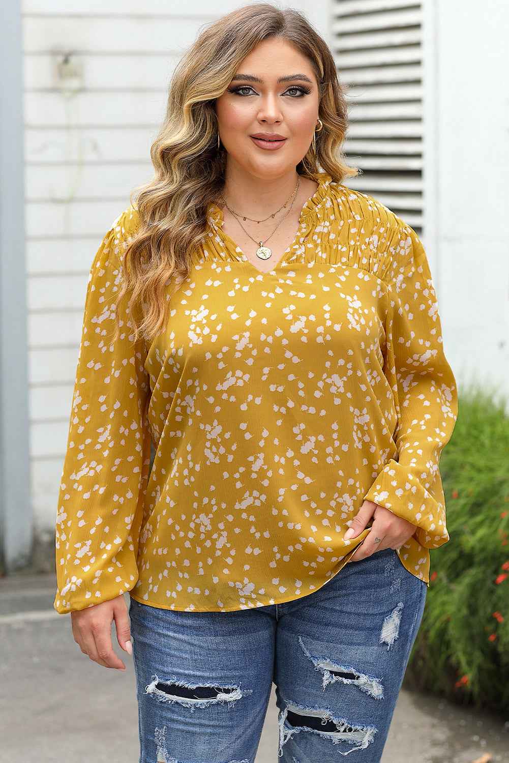 Yellow Plus Size Floral Print Ruched Split Neck Blouse by Dear-Lover Dropshipping
