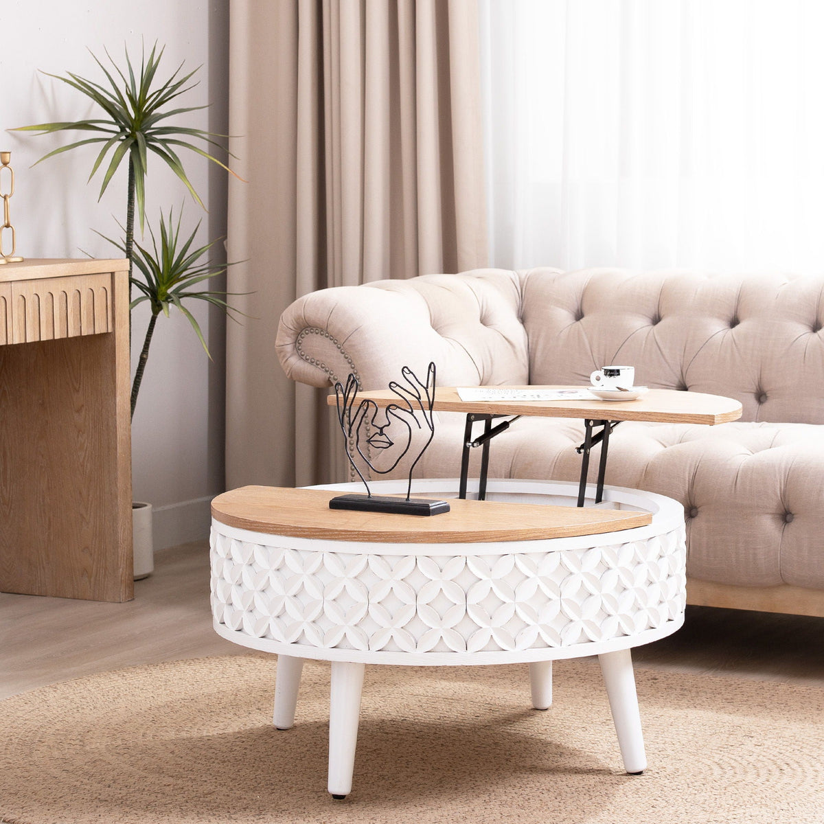 Round Coffee Table With Storage - White / Light Oak by Unique Piece Furniture