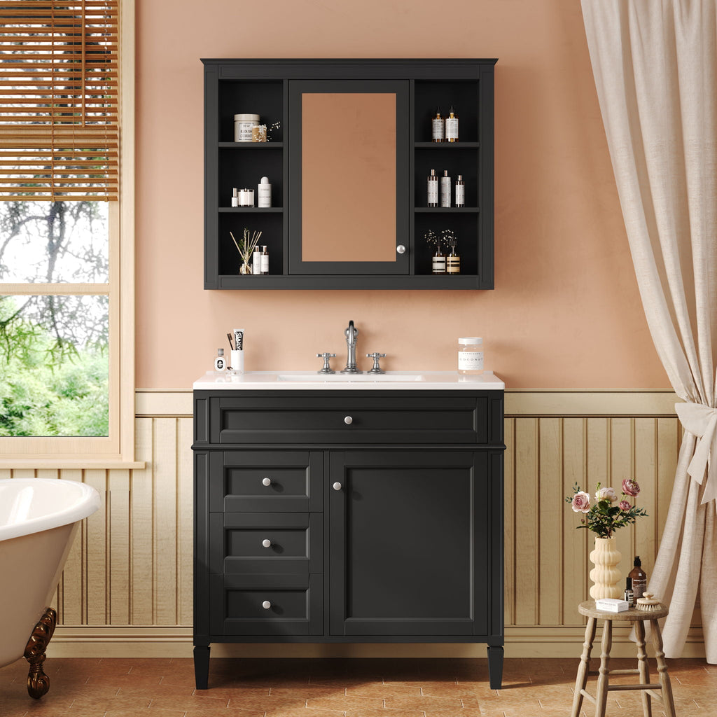 Bathroom Vanity With Mirror Cabinet, Single Sink With 2 Soft Closing Doors And 4 Drawers by Unique Piece Furniture