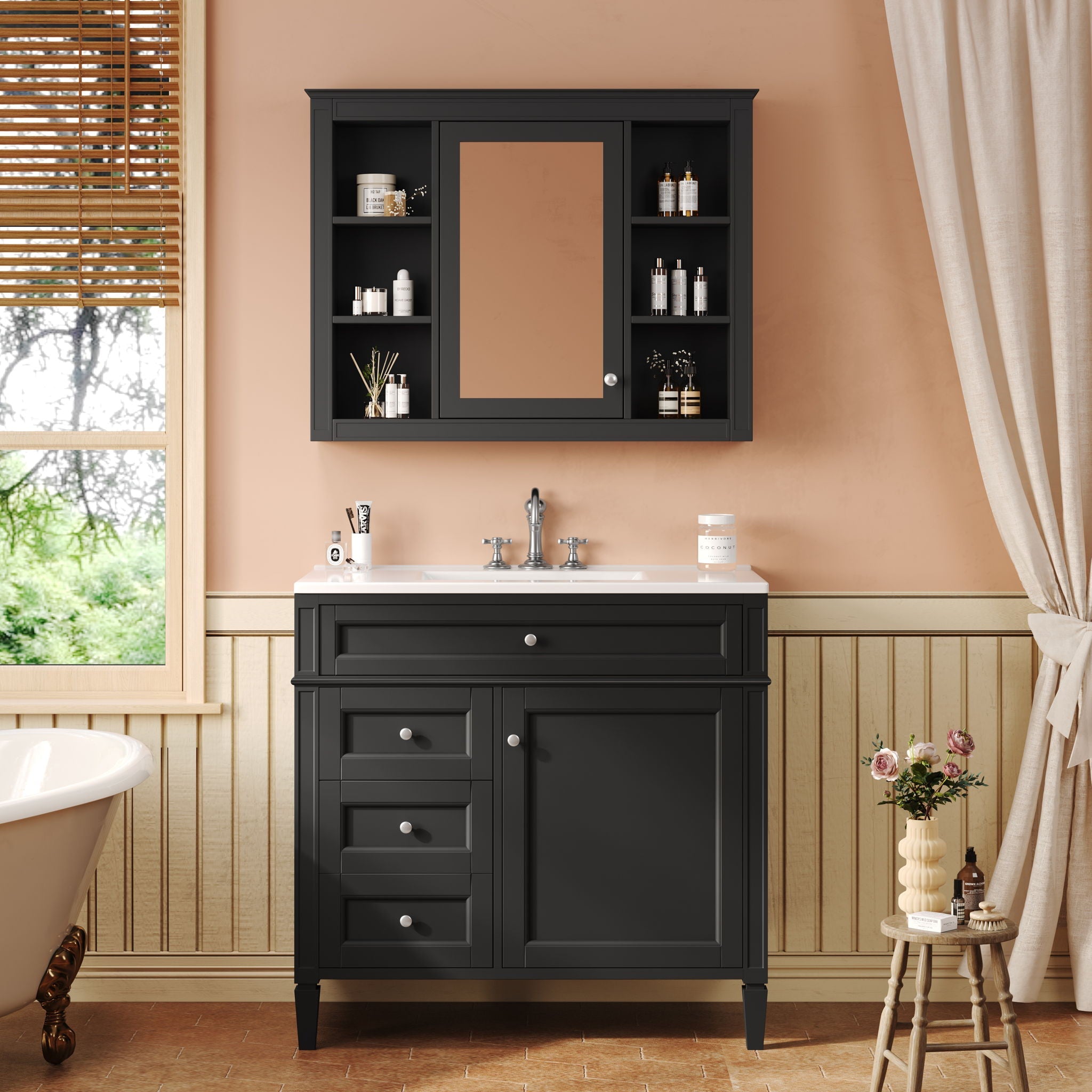 Bathroom Vanity With Mirror Cabinet, Single Sink With 2 Soft Closing Doors And 4 Drawers by Unique Piece Furniture