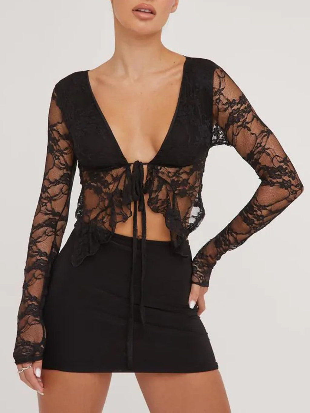 Tied Plunge Long Sleeve Lace Cropped Shirt by Wild and Free Boutique