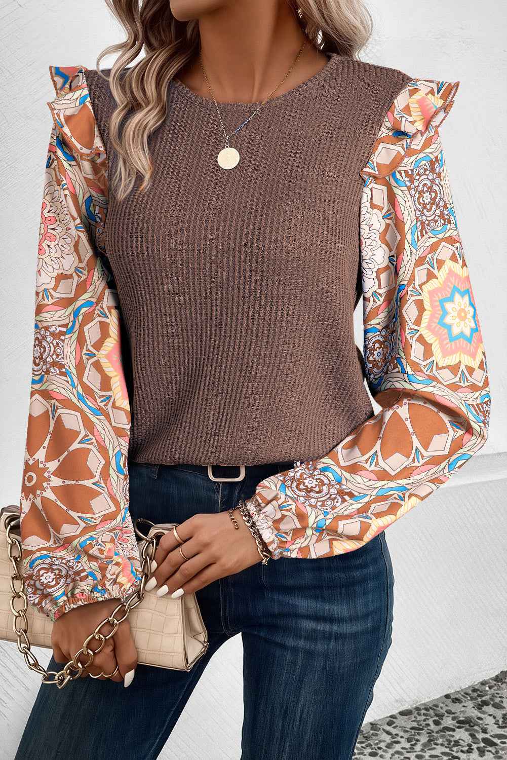 Coffee Ruffled Floral Sleeve Patchwork Waffle Knit O Neck Blouse by Wild and Free Boutique