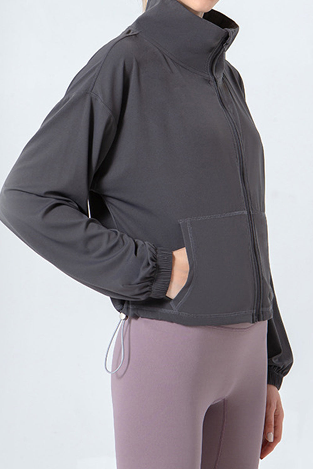 Drawstring Zip Up Dropped Shoulder Active Outerwear by Wild and Free Boutique