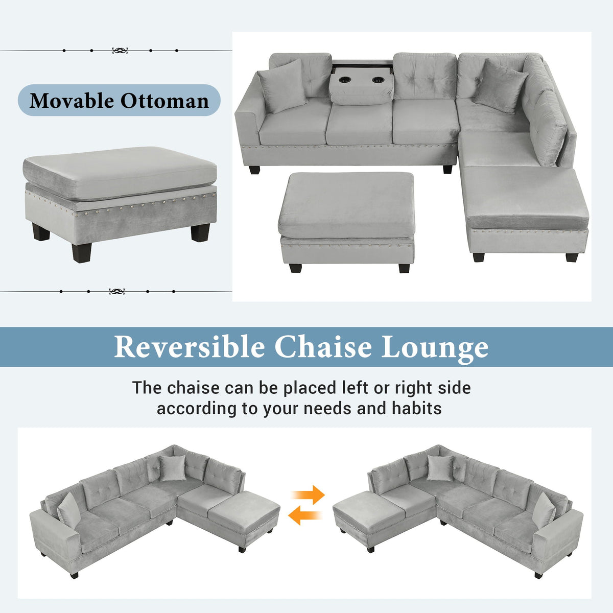 Modern Sectional Sofa With Storage Ottoman, L - Shape Couch With 2 Pillows And Cup Holders by Unique Piece Furniture