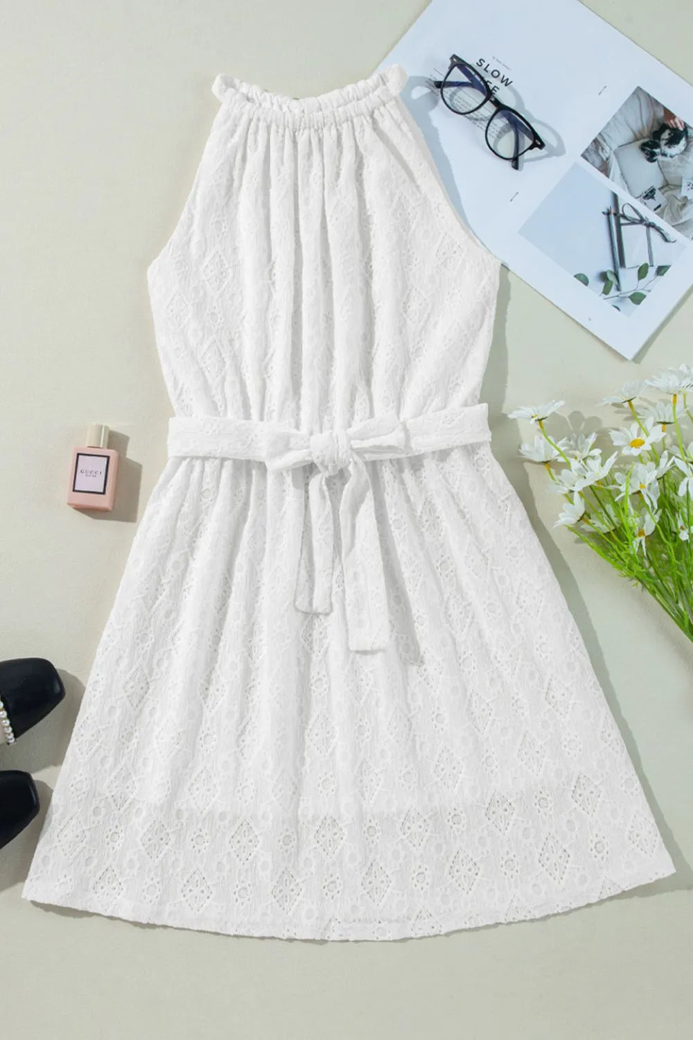 Lace Sleeveless Tied Waist Mini Dress by Simply Love
