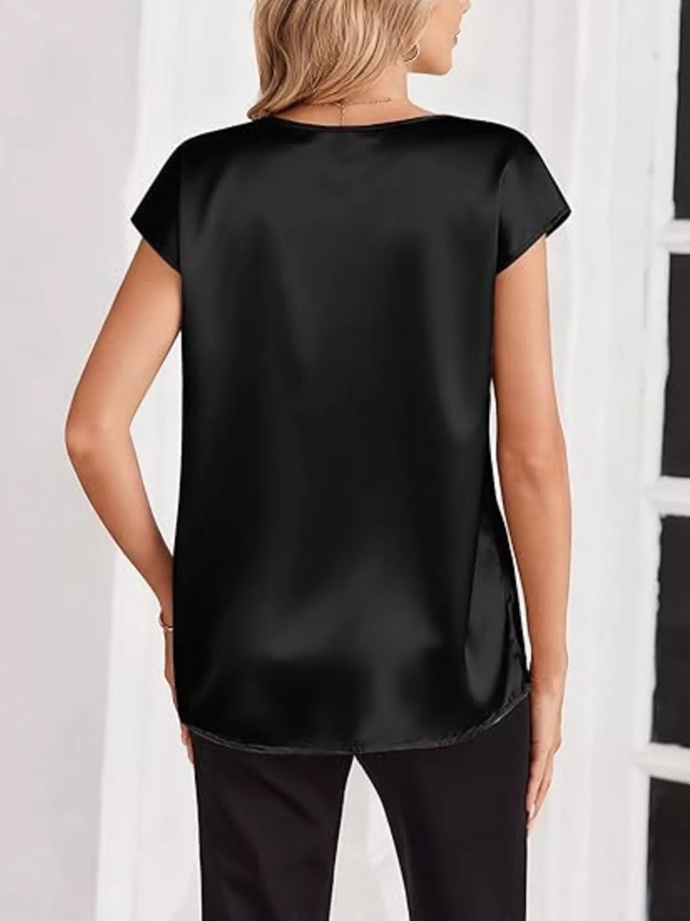 Satin V-Neck Short Sleeve Blouse by Wild and Free Boutique