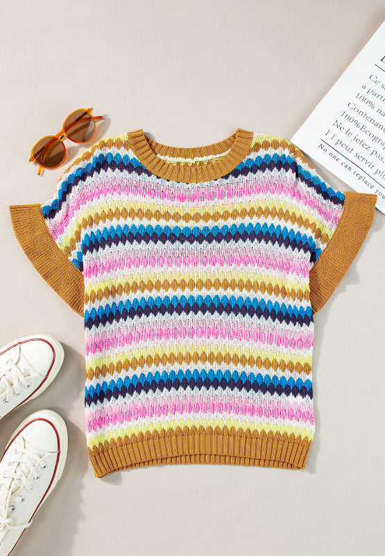 Contrast Round Neck Short Sleeve Sweater by Wild and Free Boutique