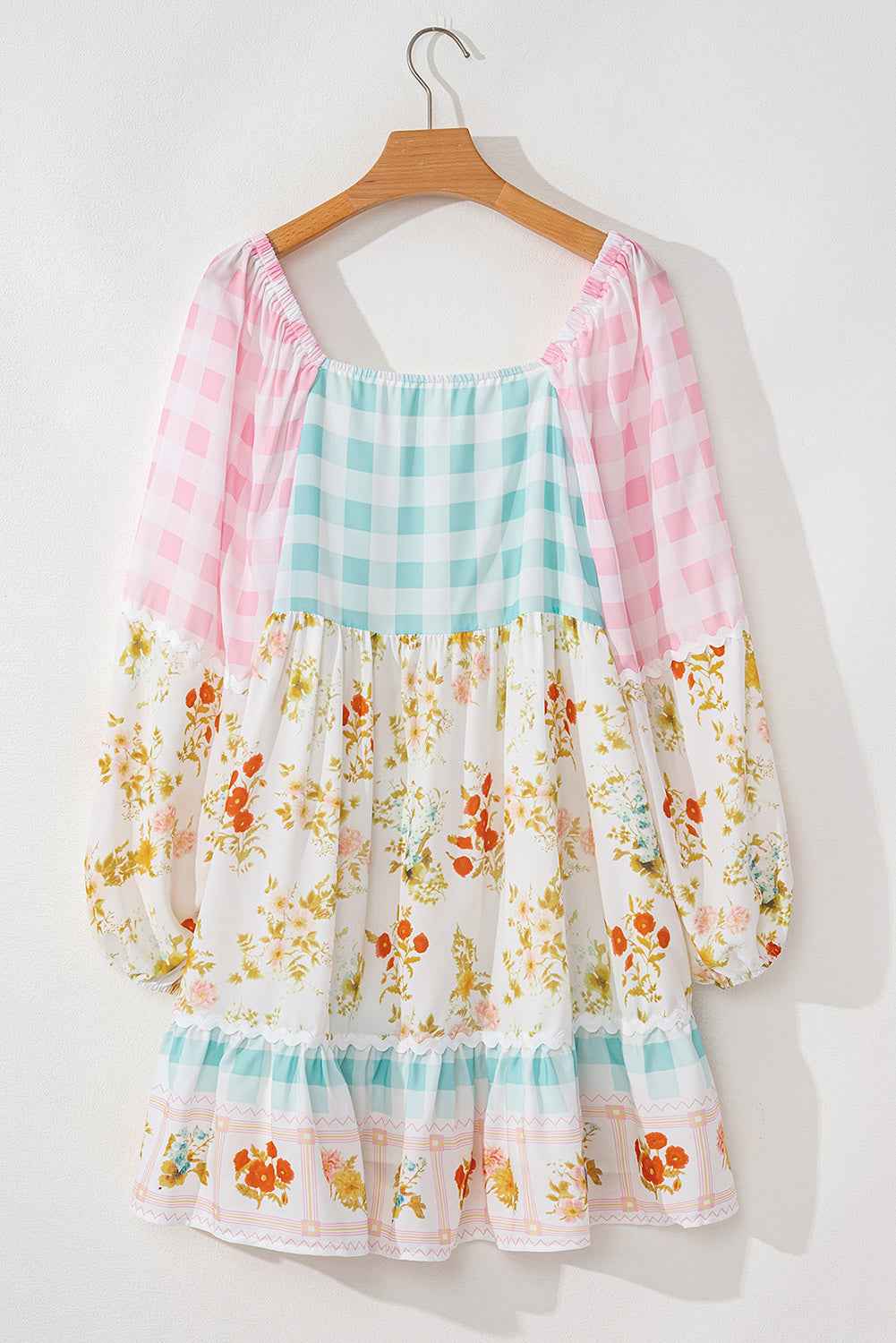 Pink Ric Rac Plaid Floral Print Patchwork Bubble Sleeve Dress by Wild and Free Boutique