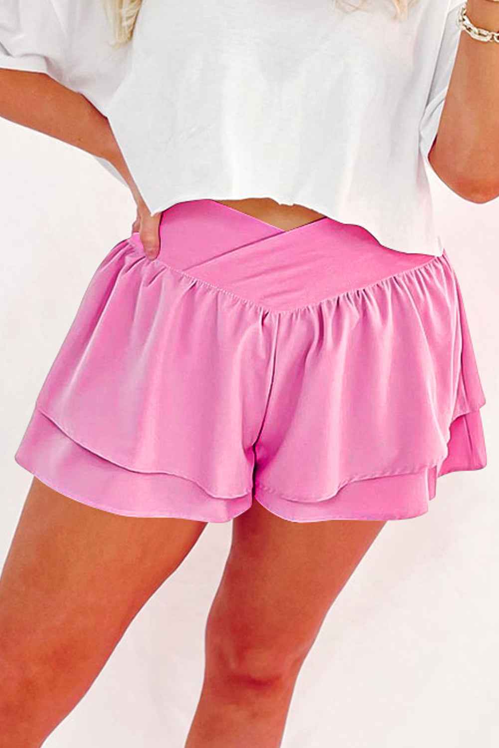 Bright Pink Crossed Waist Tiered Flowy Shorts by Wild and Free Boutique