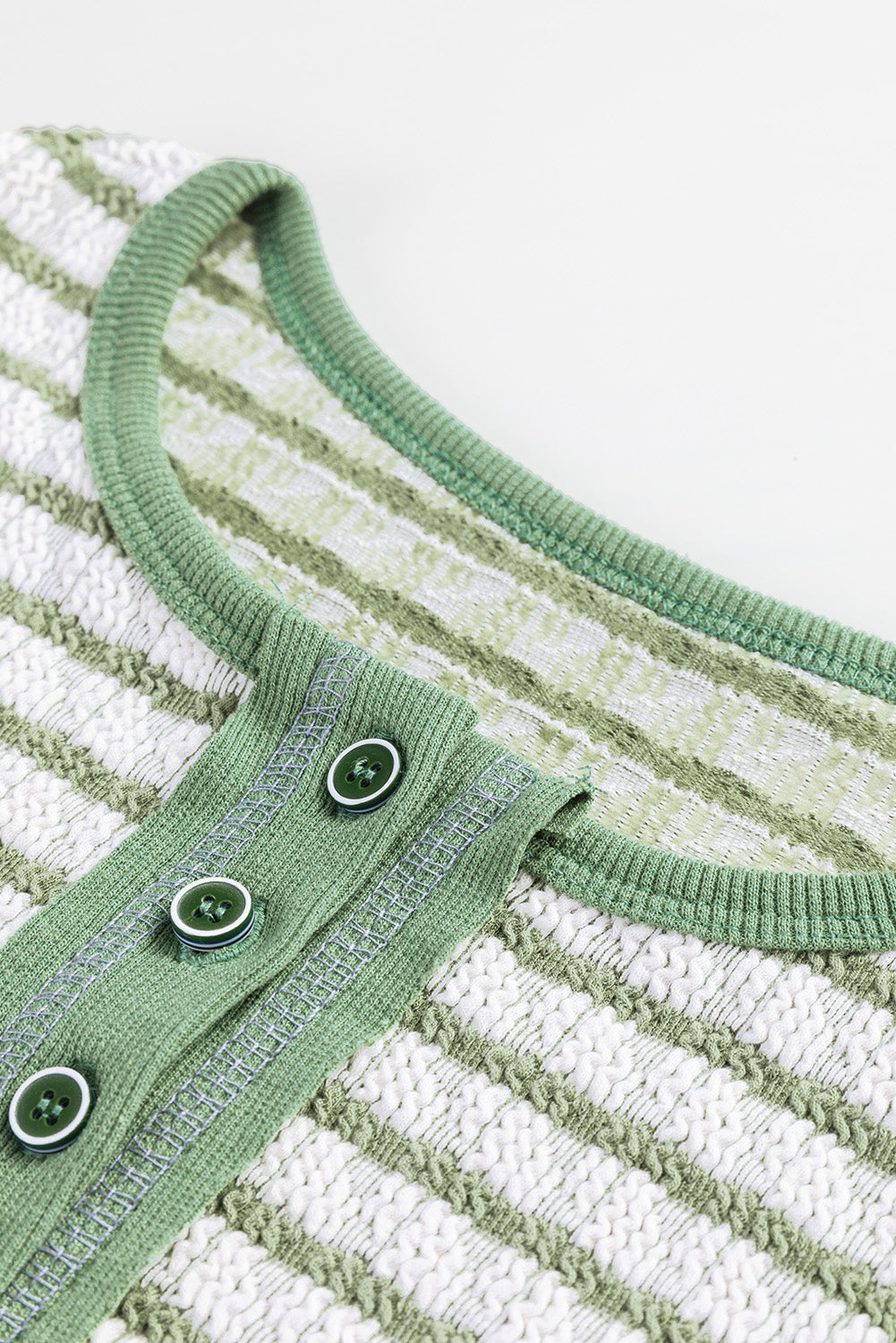 Green Stripe Textured Frilly Trim Buttons Henley Long Sleeve Top by Wild and Free Boutique