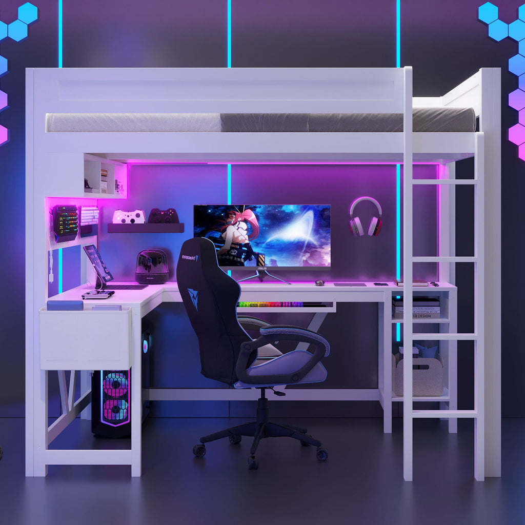 Gaming Loft Bed With Desk, Storage Shelves, LED And Charging Station by Unique Piece Furniture