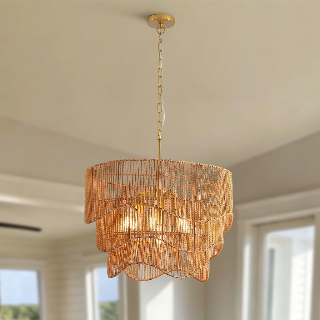 Chandelier With 7 Light E26 Base, Adjustable Height Wave Pendant Light For Living Room - Gold by Unique Piece Furniture