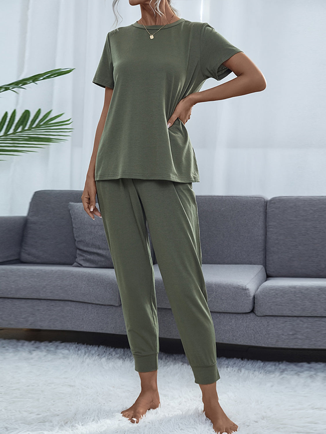 Shiny Round Neck Short Sleeve Top and Pants Set by Wild and Free Boutique