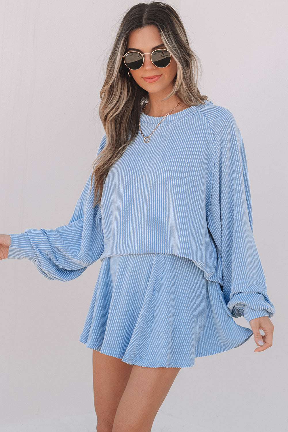 Jet Stream Corded Lantern Sleeve Top High Waist Ruffled Mini Skirt Set by Wild and Free Boutique