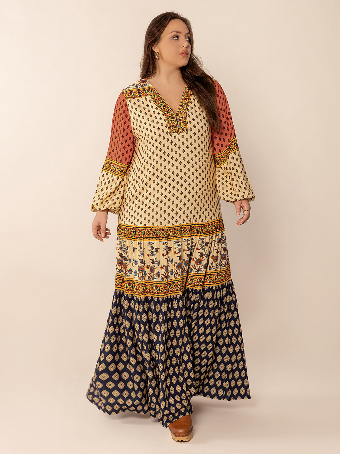 Plus Size Printed V-Neck Long Sleeve Maxi Dress by Wild and Free Boutique