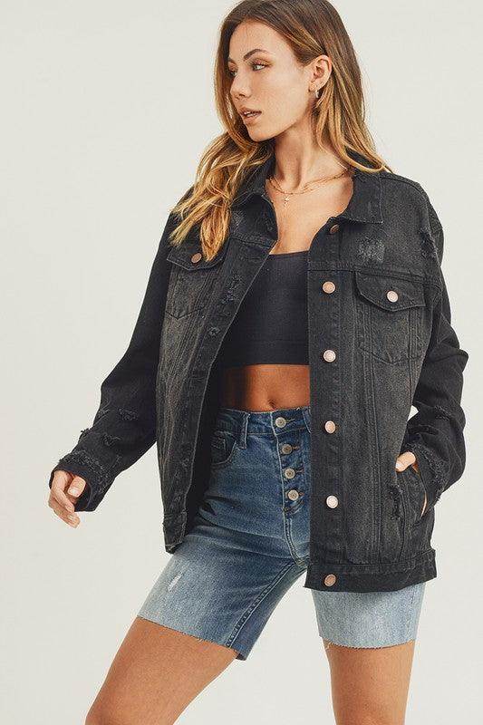 RISEN Full Size Distressed Long Sleeve Denim Jacket for Women by Selvanelle