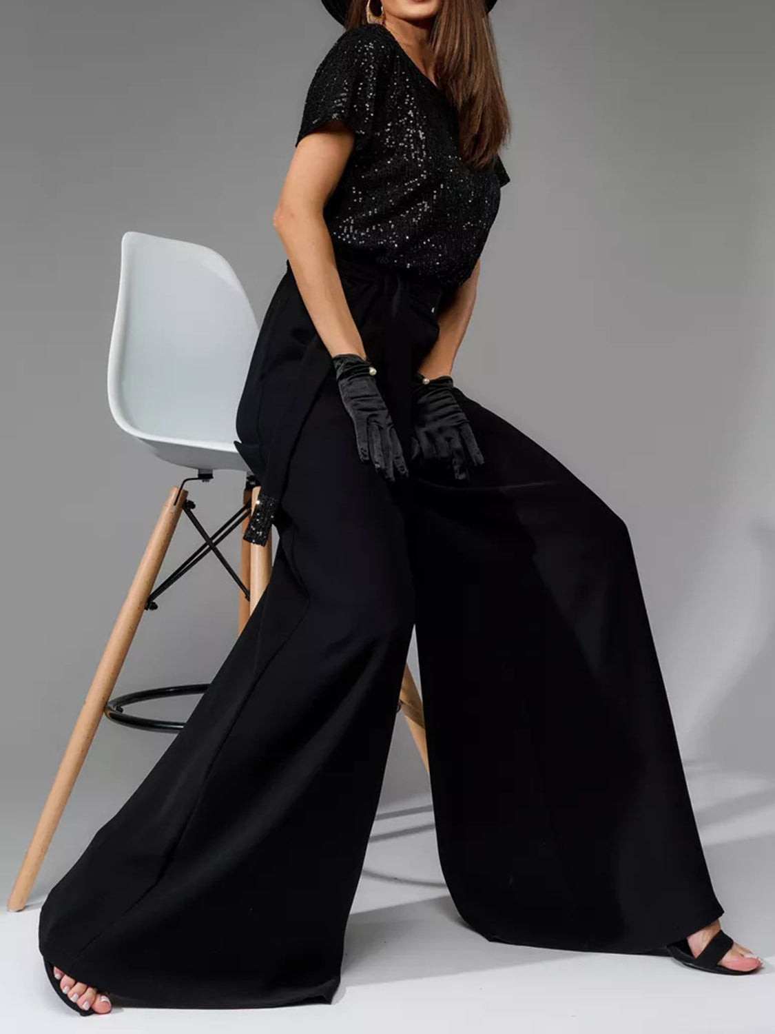 Full Size Sequin Round Neck Short Sleeve Wide Leg Jumpsuit by Wild and Free Boutique