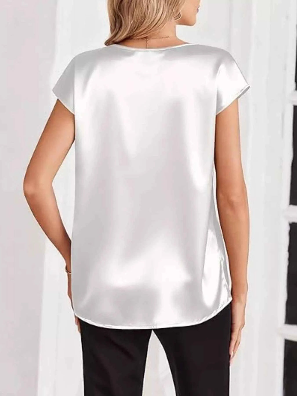 Satin V-Neck Short Sleeve Blouse by Wild and Free Boutique