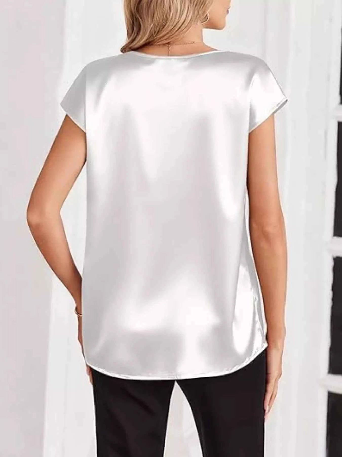 Satin V-Neck Short Sleeve Blouse by Wild and Free Boutique