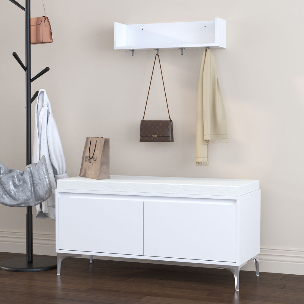 Wall Mounted Entryway Shelf With Hooks And Storage Bench Set - Off White by Unique Piece Furniture