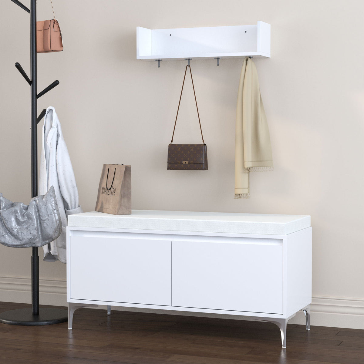 Wall Mounted Entryway Shelf With Hooks And Storage Bench Set - Off White by Unique Piece Furniture