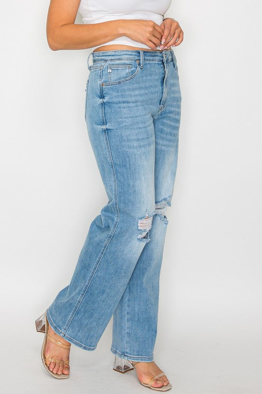 bytos Full Size Distressed High Rise Straight Jeans by Wild and Free Boutique