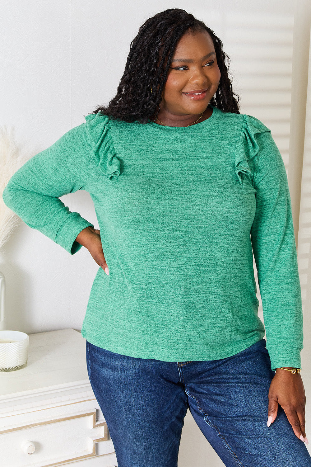 Double Take Ruffle Shoulder Long Sleeve T-Shirt by Wild and Free Boutique