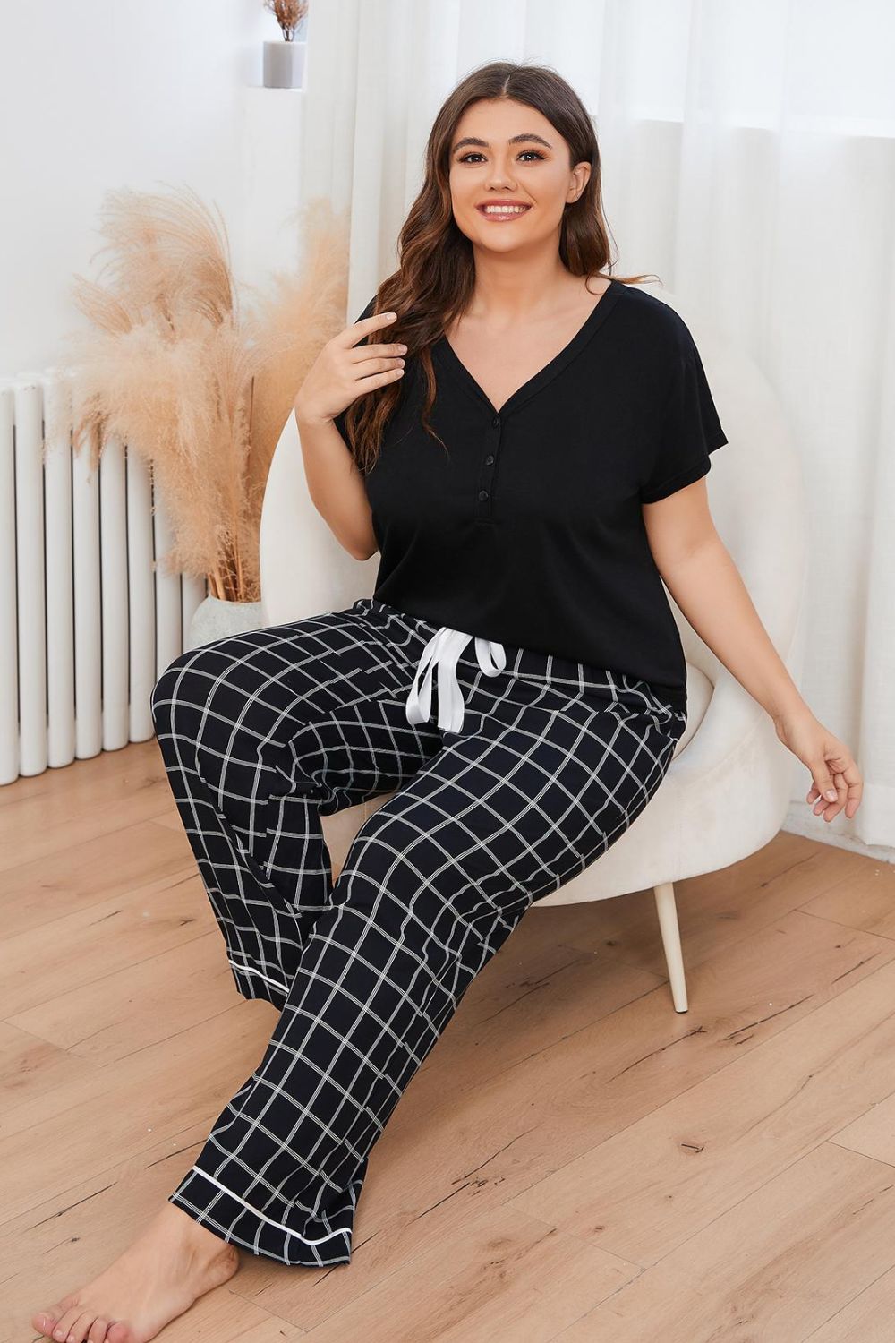 Plus Size V-Neck Top and Plaid Pants Lounge Set by Wild and Free Boutique