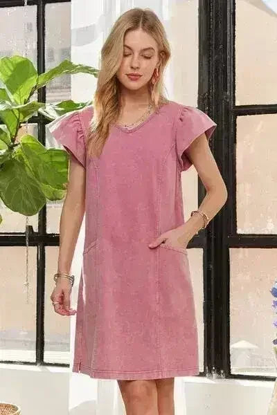 ADORA Mineral Washed V-Neck Ruffled Cap Sleeve Dress by Femstylo