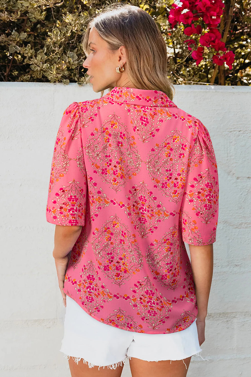 Rose Red Floral Print Wide Short Sleeve Loose Shirt by Wild and Free Boutique
