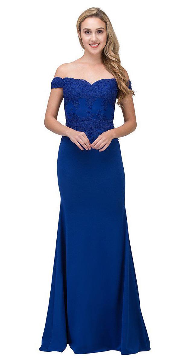 CLEARANCE - Eureka 7100 Lace Appliqued Bodice Long Dress Off-Shoulder (Size 2XL) by DiscountDressShop