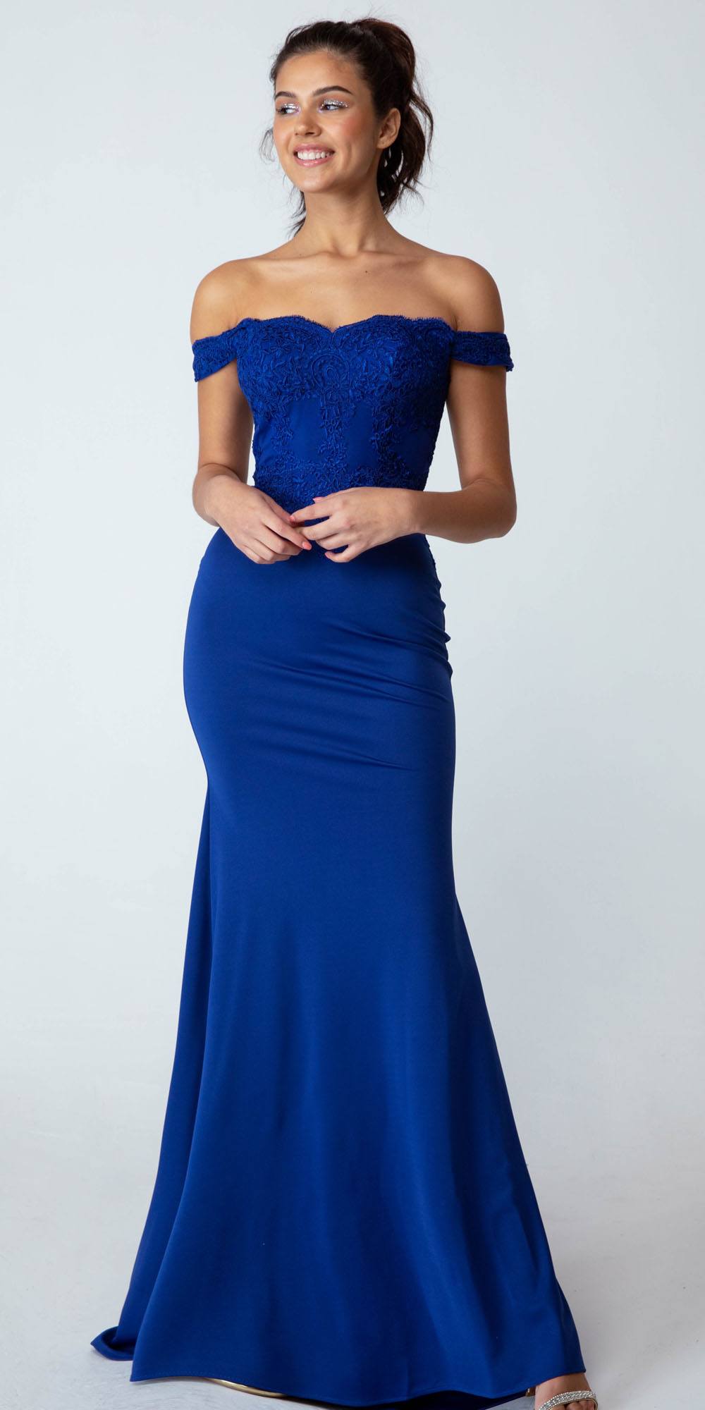CLEARANCE - Eureka 7100 Lace Appliqued Bodice Long Dress Off-Shoulder (Size 2XL) by DiscountDressShop