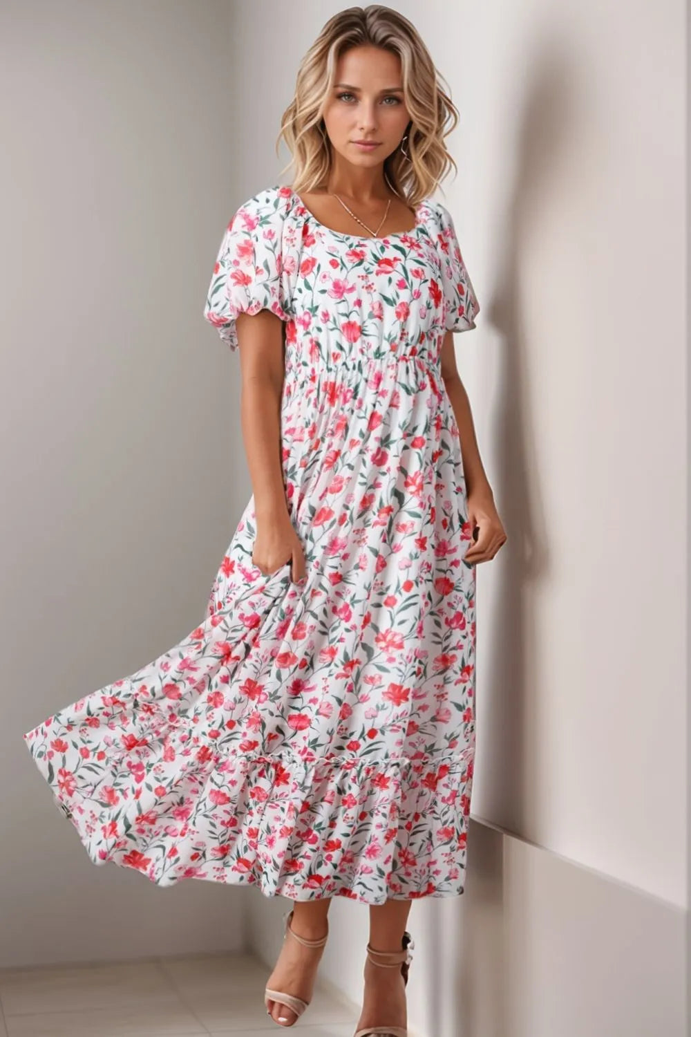 Floral Short Puff Sleeve Tiered Dress by Simply Love
